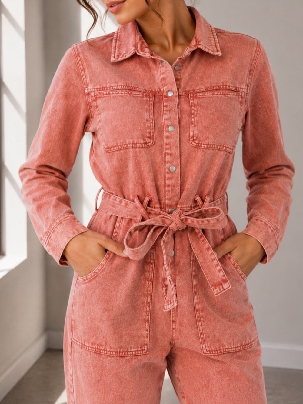 Coral Washed Denim Button-Up Utility  S Jumpsuit Belted 100% Cotton - Picture 8 of 11